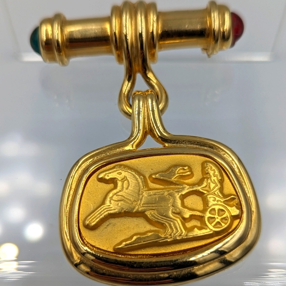 Gripoix Bar Brooch Gold Tone With Greek/Roman Style Pendant Horse Chariot Athena - Picture 4 of 11